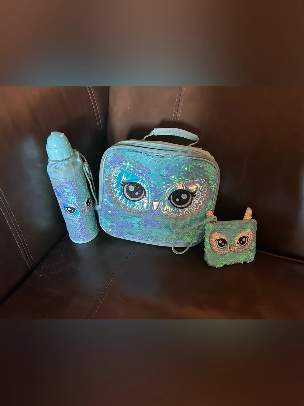 Justice Kids Sequin Owl Lunch Bag and Bottle Set - Aqua Teal
